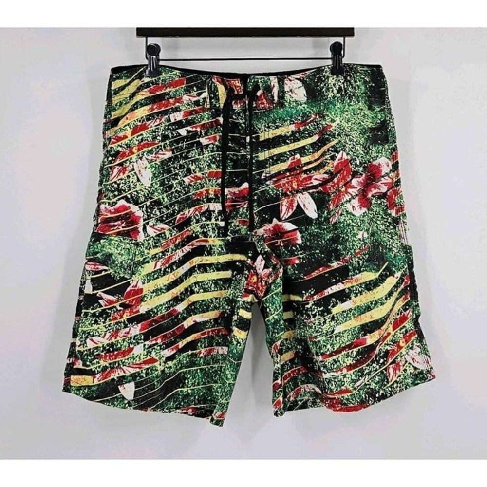 Waimea Board Short Swim Trunks Tropical Beachy Floral Green Red Yellow Stripe 34